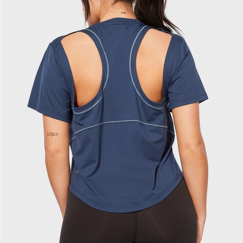 lululemon athletica Navy Short Sleeve Cutout Back Tee